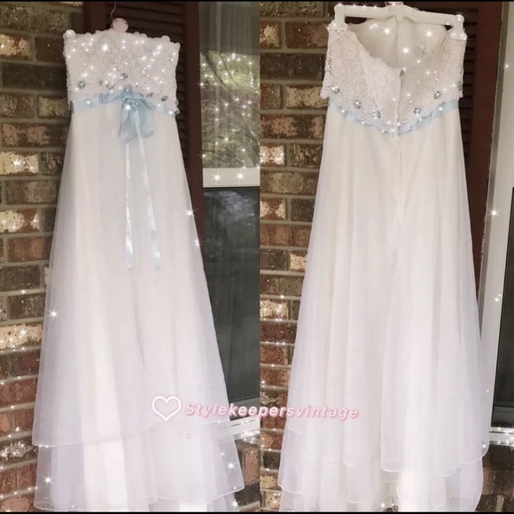 💖Gunne Sax💖Style Romantic Bridal Ivory Blue Ribbon Eyelet Lace Dress Sz S 💐 - Picture 7 of 10